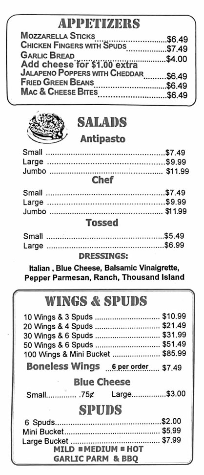 Clifton Park Pizza Menu Page 1